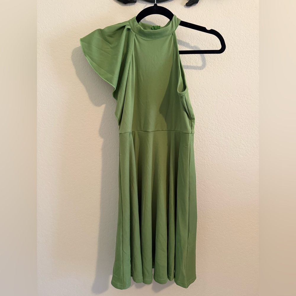 Chic One-Shoulder Green Dress, Size 11-12Y